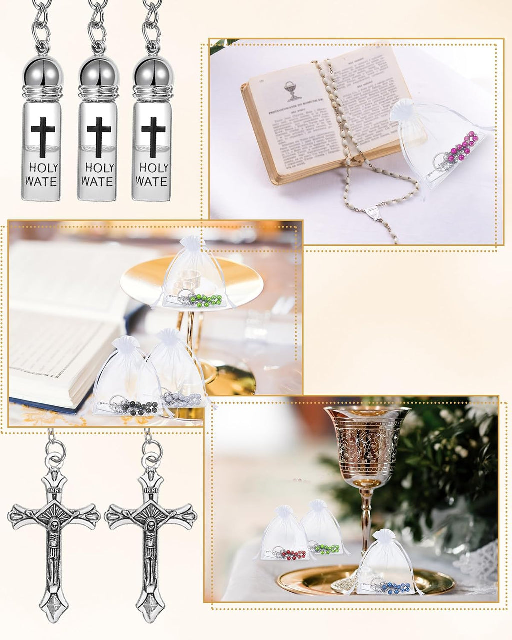 6 Set Holy Water Container Keychain with Rosary Bead, Crucifix, Organza Bags, Eye Dropper, Gift Bulk for Easter