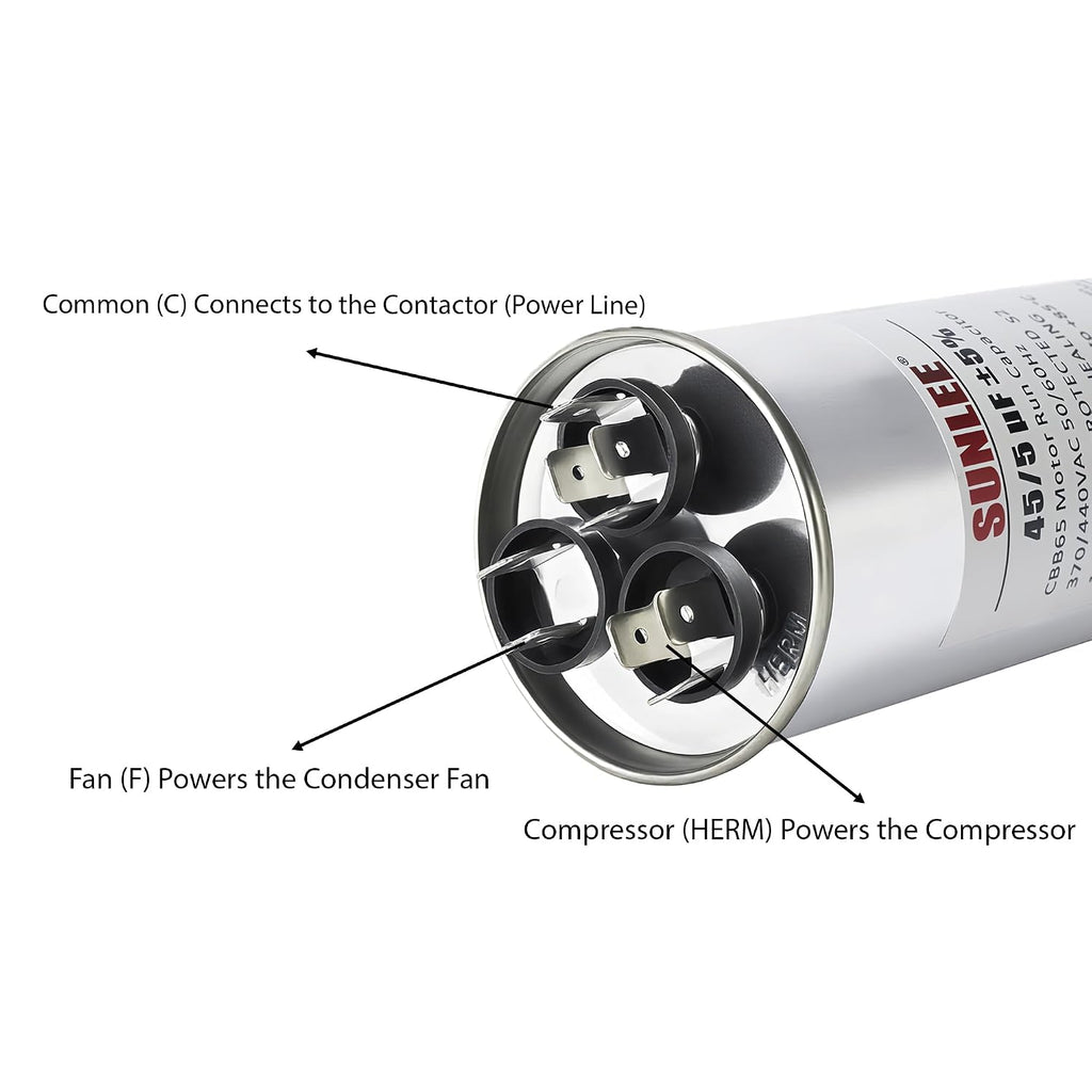 SUNLEE AC Capacitor 45/5 uF 370V / 440V CBB65 Dual Run Round - 45/5 MFD Run Capacitor for HVAC, Air Conditioner Condenser - UL Recognized & 5 Year Warranty