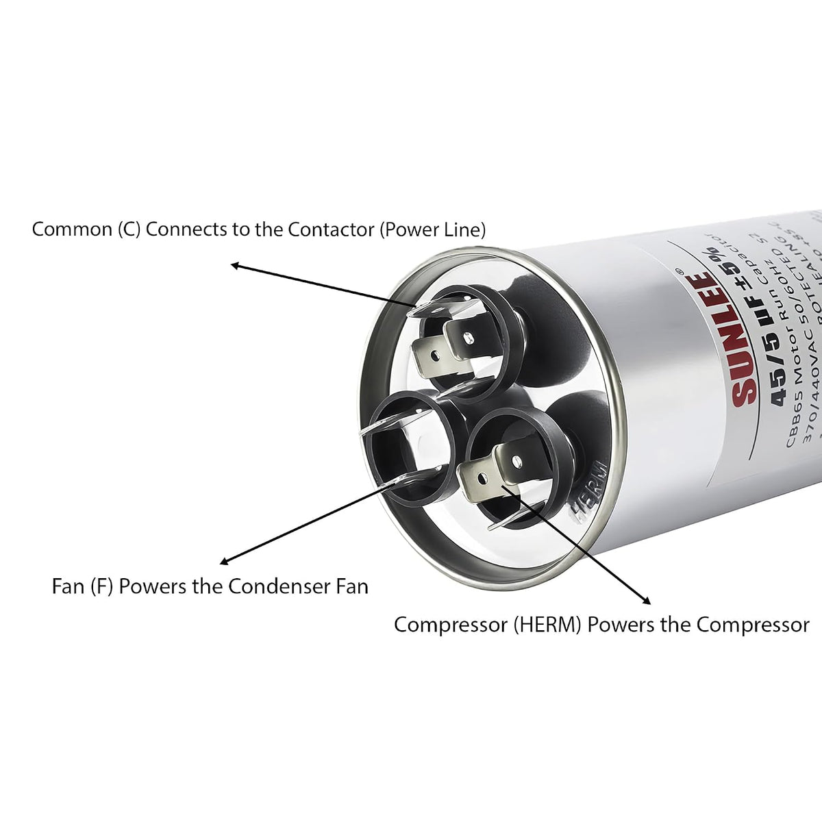 SUNLEE AC Capacitor 45/5 uF 370V / 440V CBB65 Dual Run Round - 45/5 MFD Run Capacitor for HVAC, Air Conditioner Condenser - UL Recognized & 5 Year Warranty