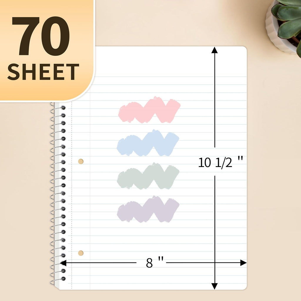 Spiral Notebooks Wide Ruled, 1-Subject, 4 Pack, 8 x 10-1/2 in, 70 Sheets, 3-Hole Punched 70gsm Paper, Pastel Pink