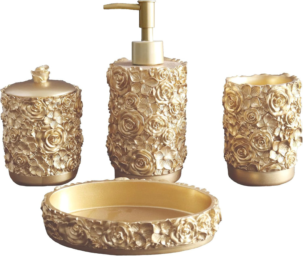 Gold Bathroom Accessories Set,Rose Design Bathroom Set,Farmhouse Bathroom Decor,4 Pcs Resin Gift Set Apartment