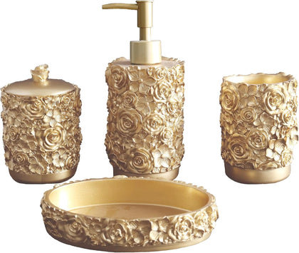 Gold Bathroom Accessories Set,Rose Design Bathroom Set,Farmhouse Bathroom Decor,4 Pcs Resin Gift Set Apartment