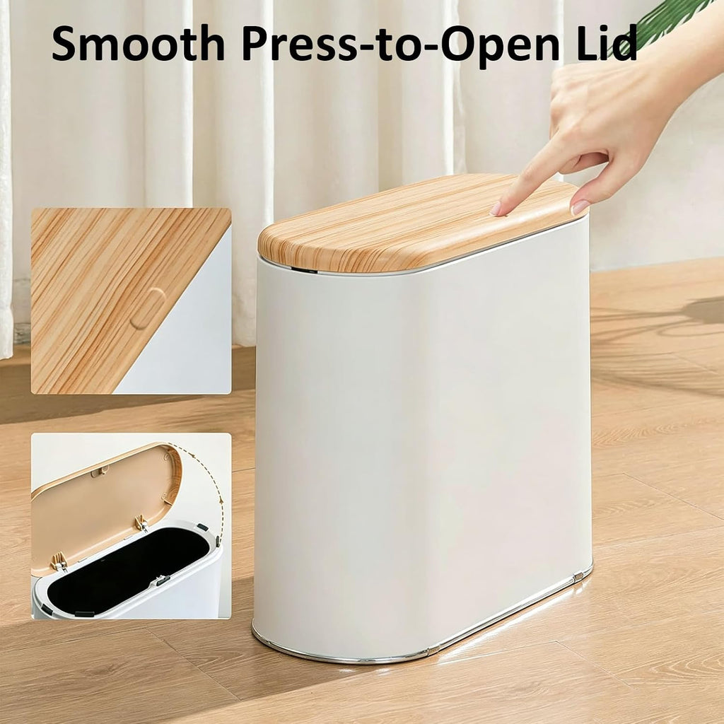Small Bathroom Trash Can with Lid, 2.6 Gal, Faux Wood Grain Top | White Slim Wastebasket - Odor & Pet Proof, Inner