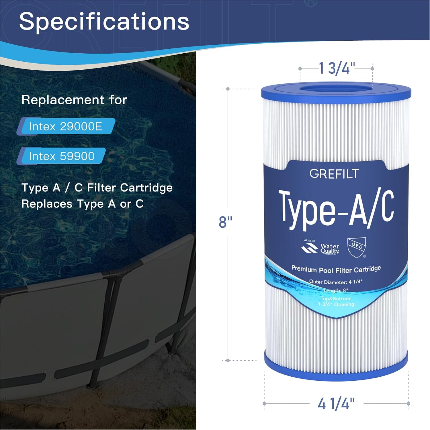 4-Pack Type A or C Pool Filter Cartridges, Compatible with Intex 29000E/59900E, Suitable for Easy Set, Summer