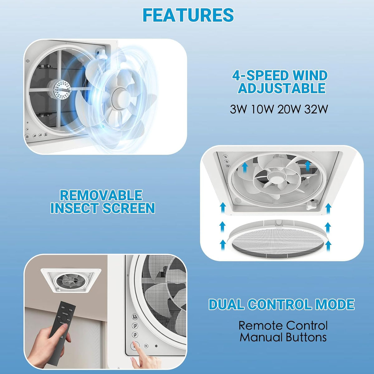 RV Roof Vent Fan 14x14, Quiet 12V(24V Max) with Remote Control &Rain Sensor