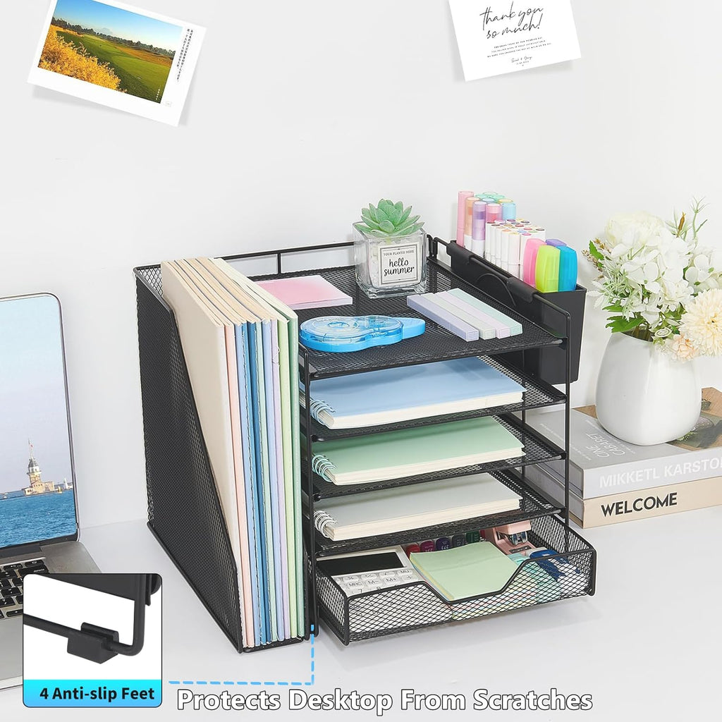 Desk Organizers and Accessories, 5-Tier Paper Letter Tray Organizer with File Holder, Drawer & Pen Holder, Office