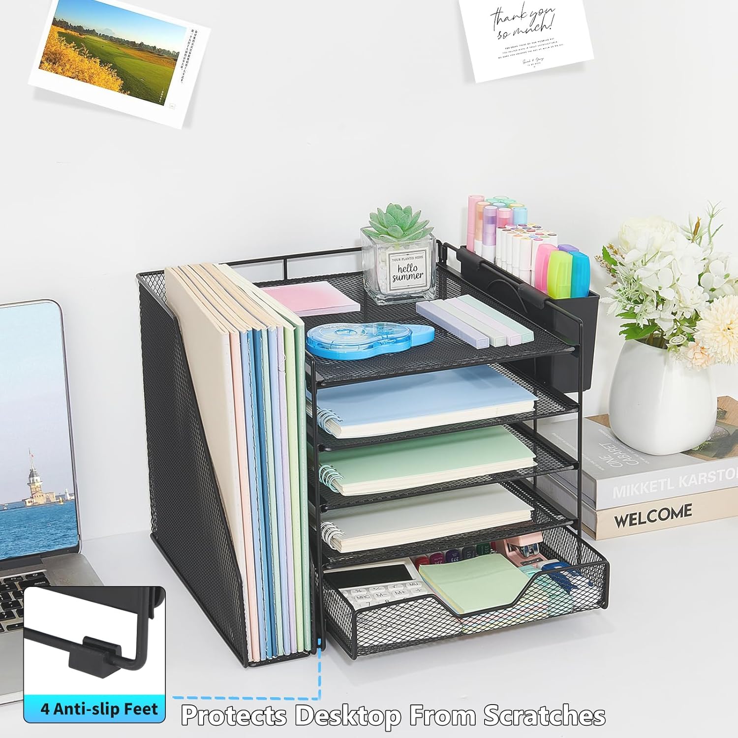 Desk Organizers and Accessories, 5-Tier Paper Letter Tray Organizer with File Holder, Drawer & Pen Holder, Office
