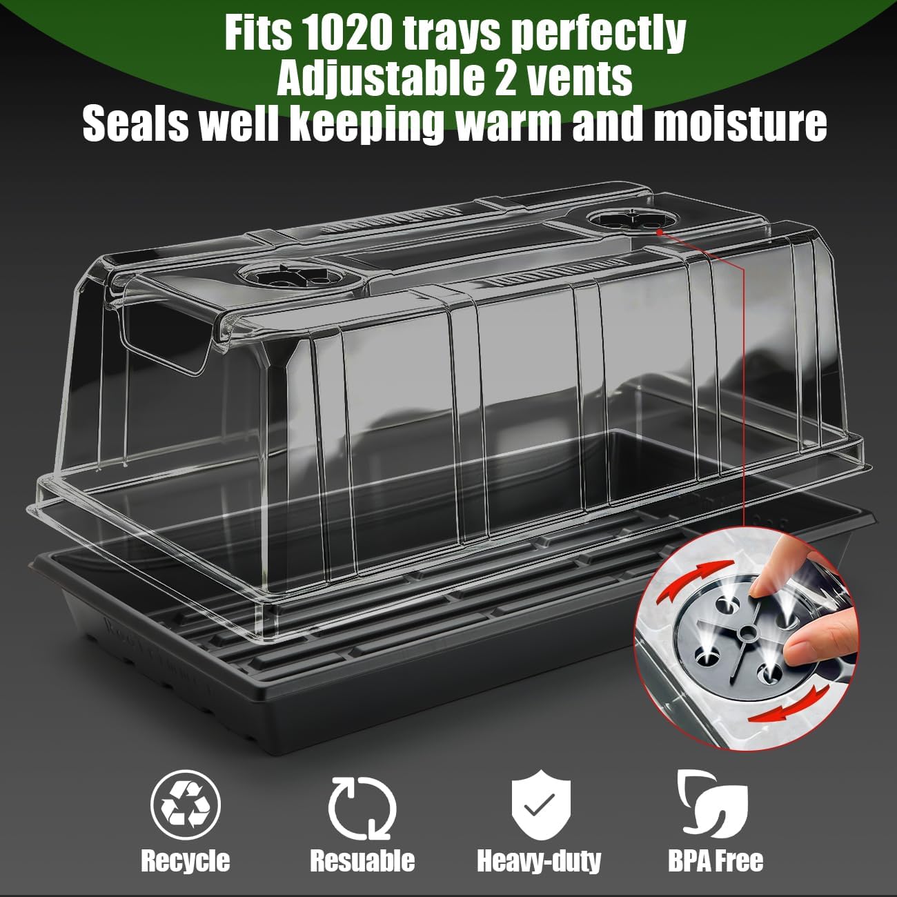 10 Pack 6.3" Tall Humidity Domes for 1020 Trays, Extra Strength Seed Starter Covers with 2 Adjustable Vents, Clear