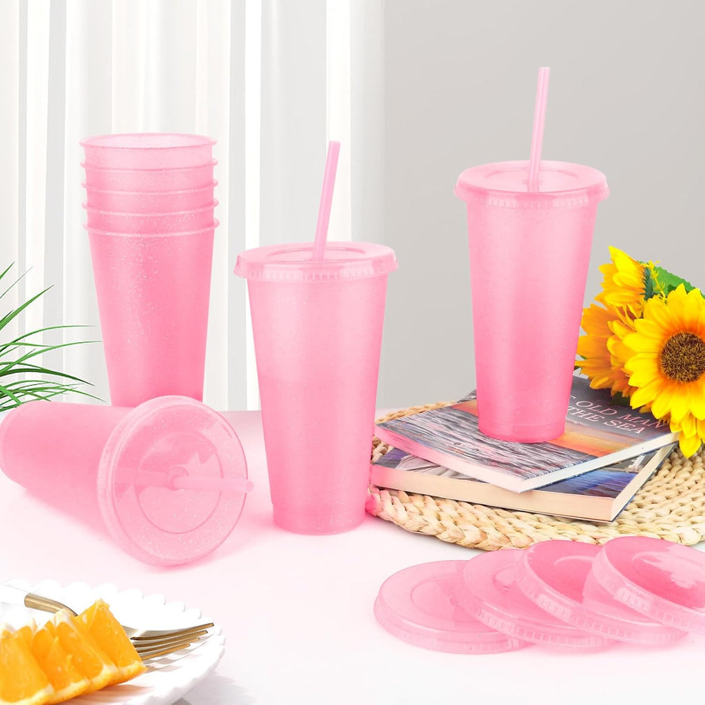 16-Piece Reusable Cups with Lids and Straws, 24 oz Glitter Plastic Tumbler Iced Coffee Cups Travel Mugs for