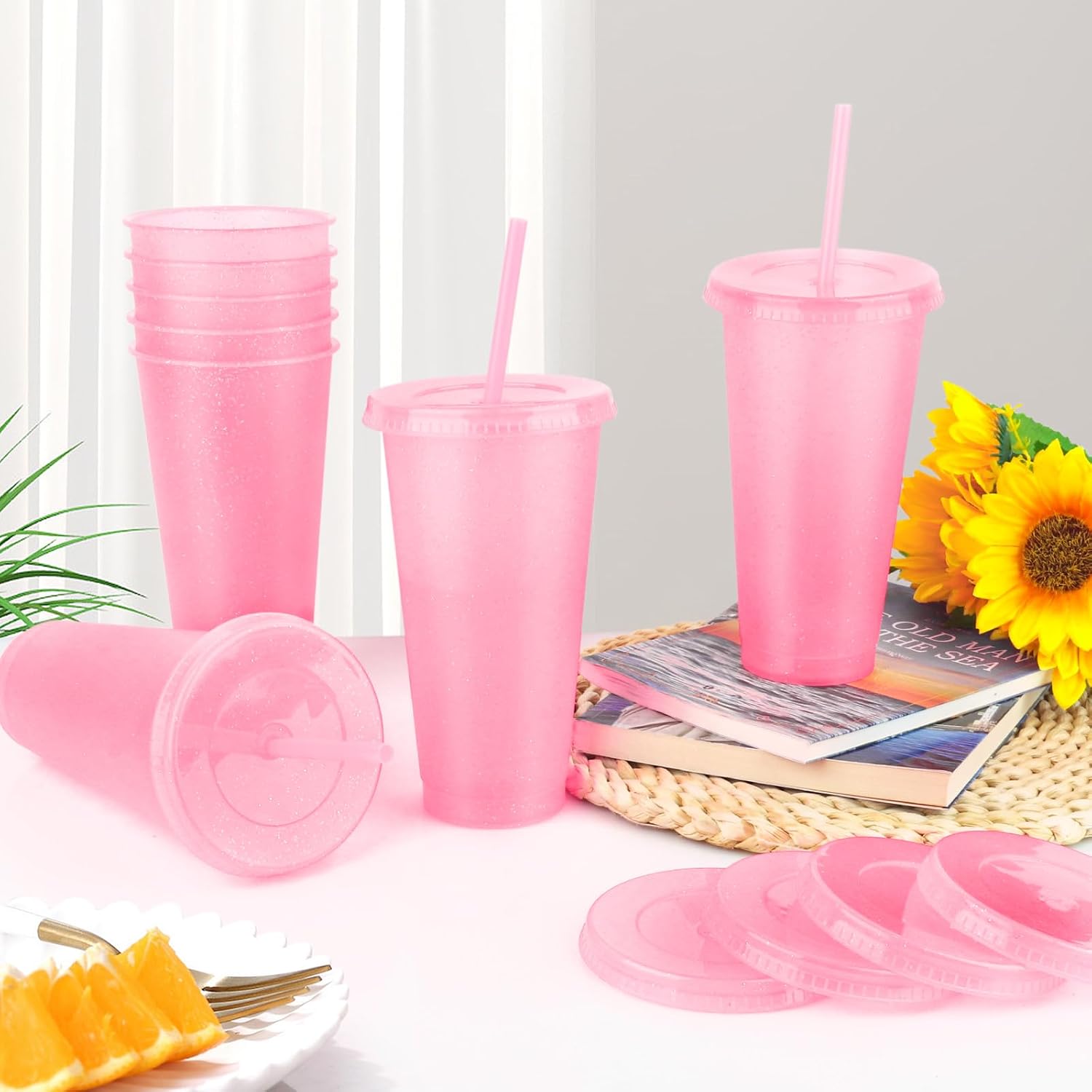 16-Piece Reusable Cups with Lids and Straws, 24 oz Glitter Plastic Tumbler Iced Coffee Cups Travel Mugs for