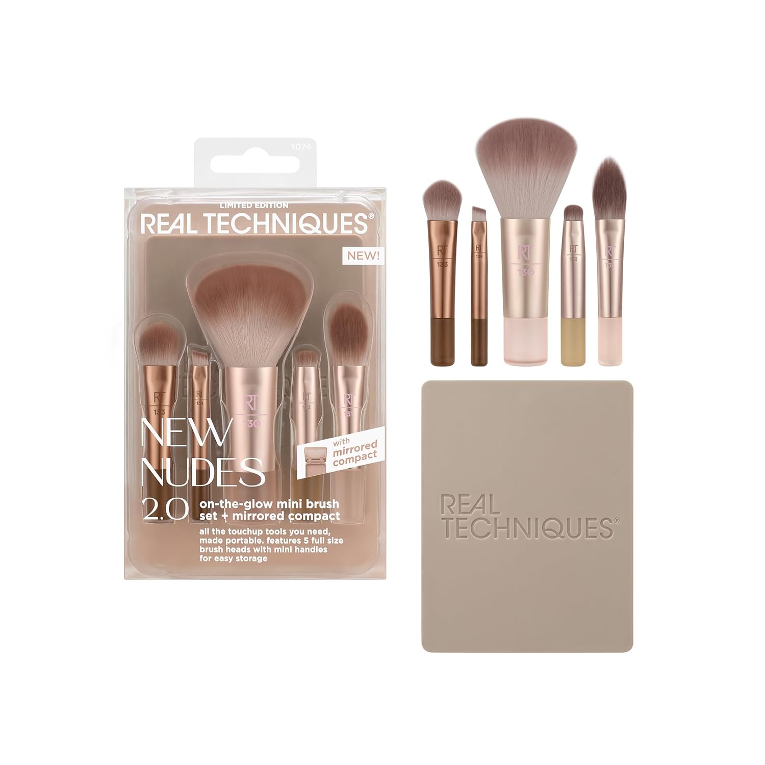 New Nudes On The Glow Mini Brush Kit, 6 Piece Set With Compact Mirror, Travel Makeup Brush Set for Contour