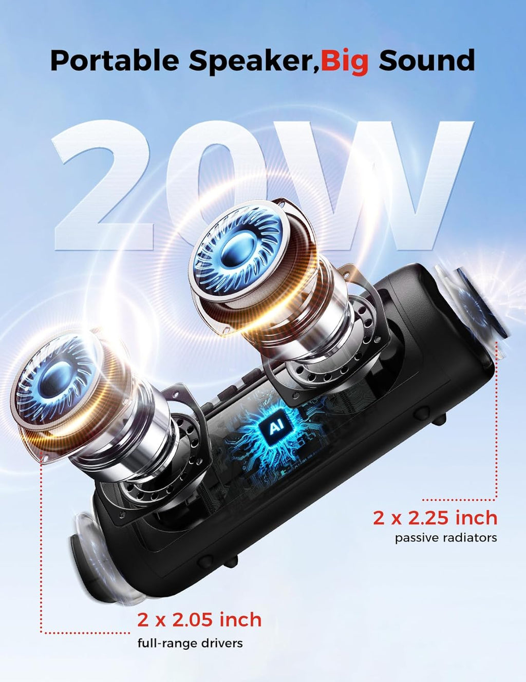 Bluetooth Speaker, 20W HD Sound, Portable Wireless, IPX5 Waterproof, Up to 24H Playtime, TWS Pairing, for