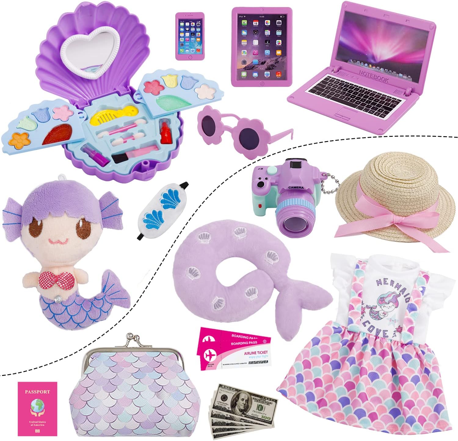 18 Inch Doll Suitcase Travel Luggage Play Set, Mermaid Theme Travel Carrier Storage Accessories for 18inch Doll