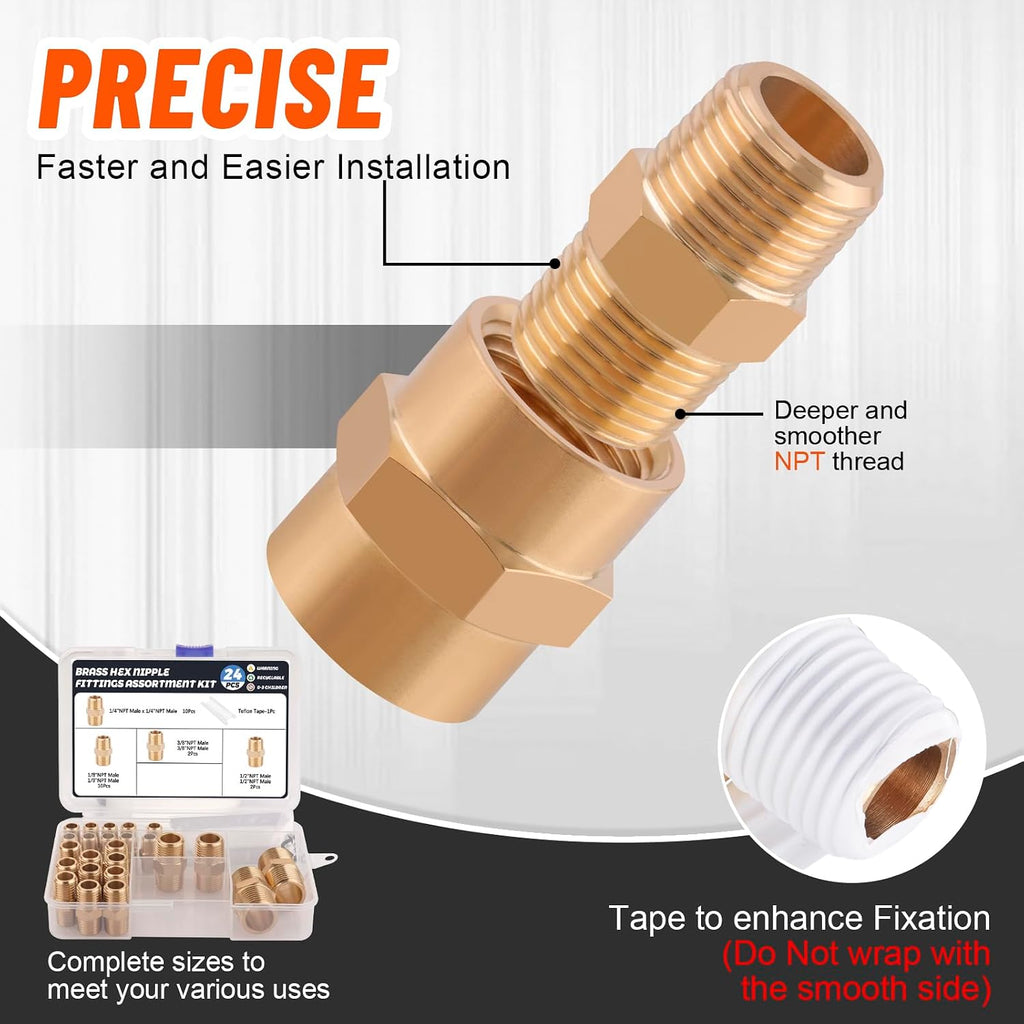 24Pcs Brass Pipe Fittings Hex Nipple Kit,1/8" 1/4" 3/8" 1/2" NPT