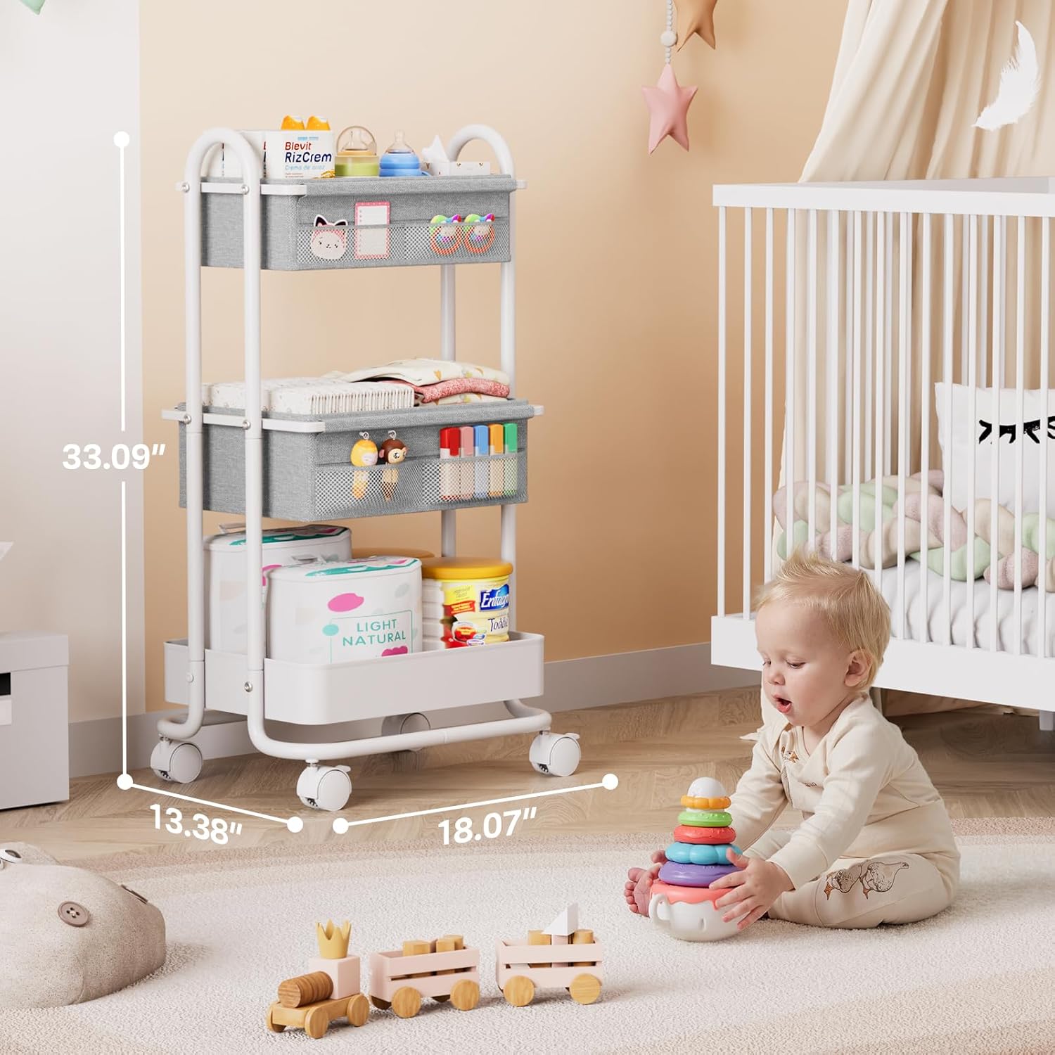 Baby Diaper Caddy Organizer Cart - 3 Tier Rolling Storage Cart with Wheels, Baby Essentials for Nursery Storage