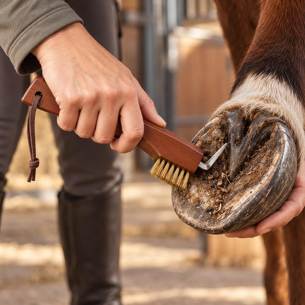 Horse Hoof Pick, Stiff Bristled Brass Wire Brush with Wooden Grip