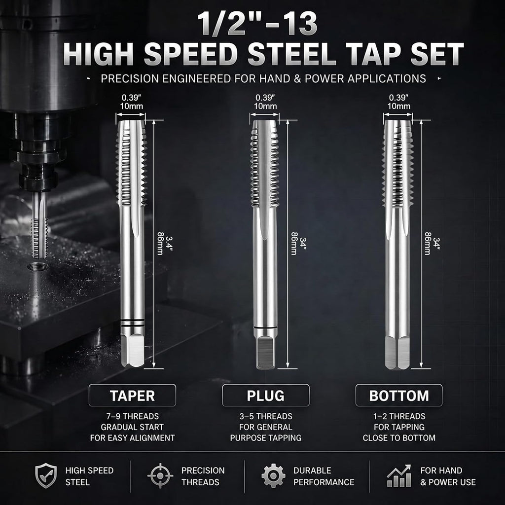 Gisafai 3 Pcs Hss Tap Set Taper Plug and Bottoming Hand Taps, 1/2"-13