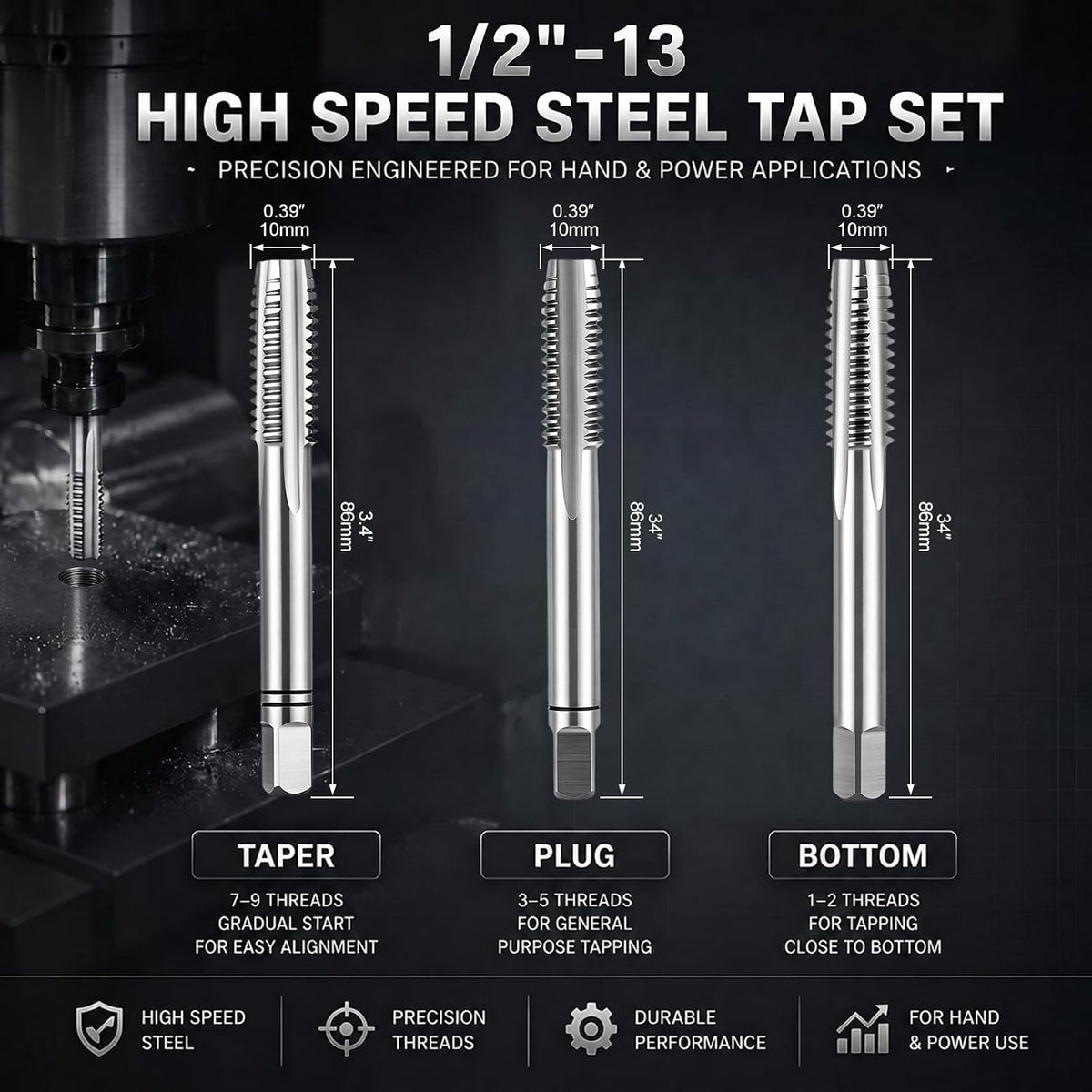 Gisafai 3 Pcs Hss Tap Set Taper Plug and Bottoming Hand Taps, 1/2"-13