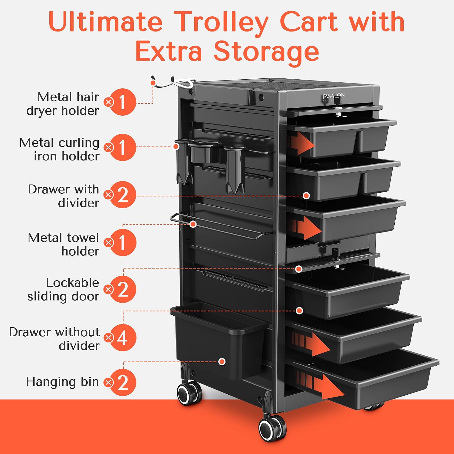 Professional Rolling Salon Cart, 6-Drawer Storage Trolley with Tool Holders, 33-Inch Height,Barber Shop Hairdressing