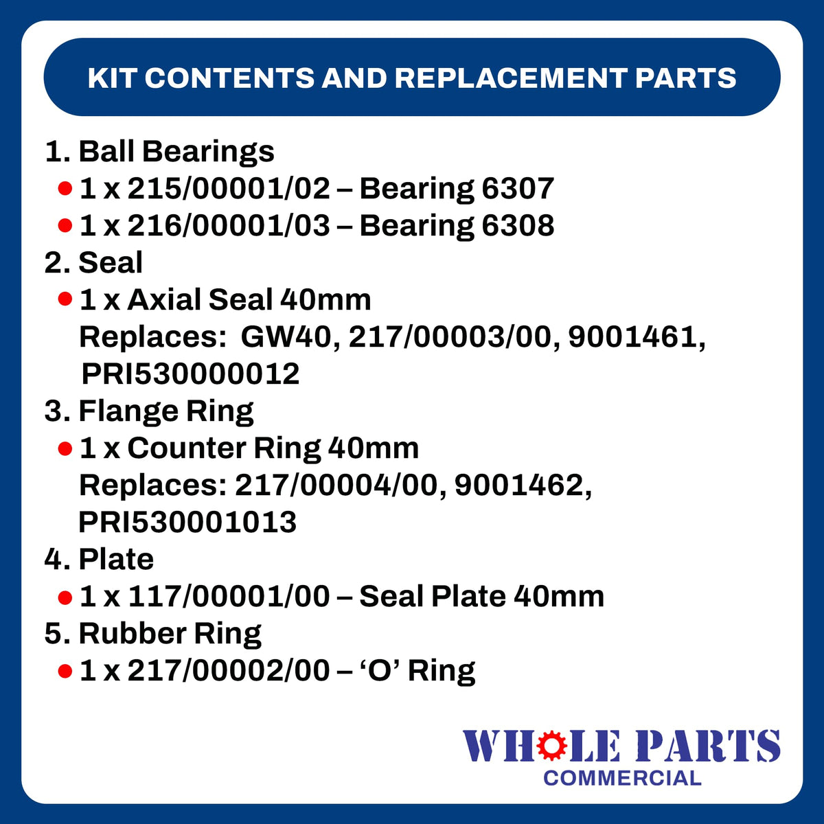 Whole Parts Commercial Washer Bearing Kit Part# 212/00100/00, 152/10117/01