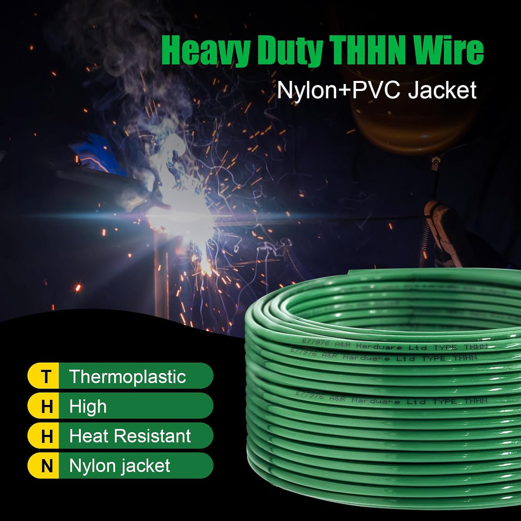 12 Gauge THHN Wire 50 FT Green Rated 600V OFC Cable | 12 AWG Solid Copper Wire with Nylon Jacket for Building
