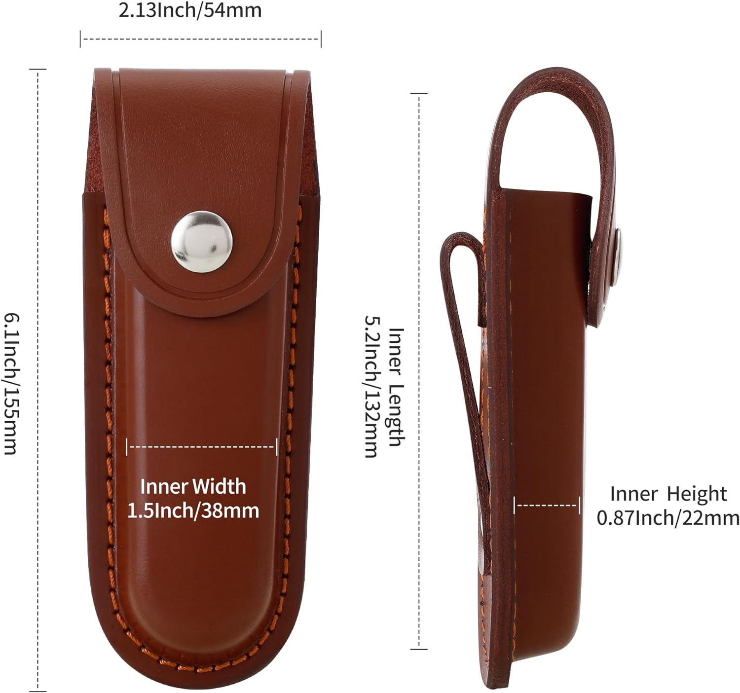 Leather Pocket Knife Sheath for 5-Inch Folding Knives | Brown durable multitool holster with snap closure and belt