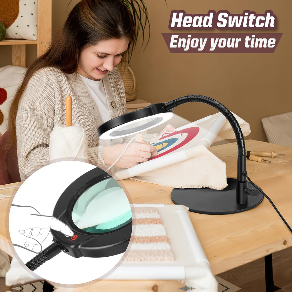 10X Magnifying Glass with Light and Stand, 5 Color Modes Stepless Dimmable LED Lighted Desk Lamp, Hands Free