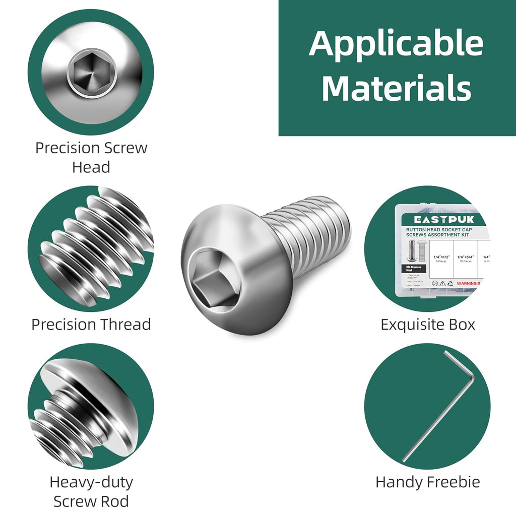 25Pcs 1/4-20" Button Head Socket Cap Bolts Screws Assortment Kit, 304 Stainless Steel 18-8, Bright Finish Fully Machine Thread with Hex Key