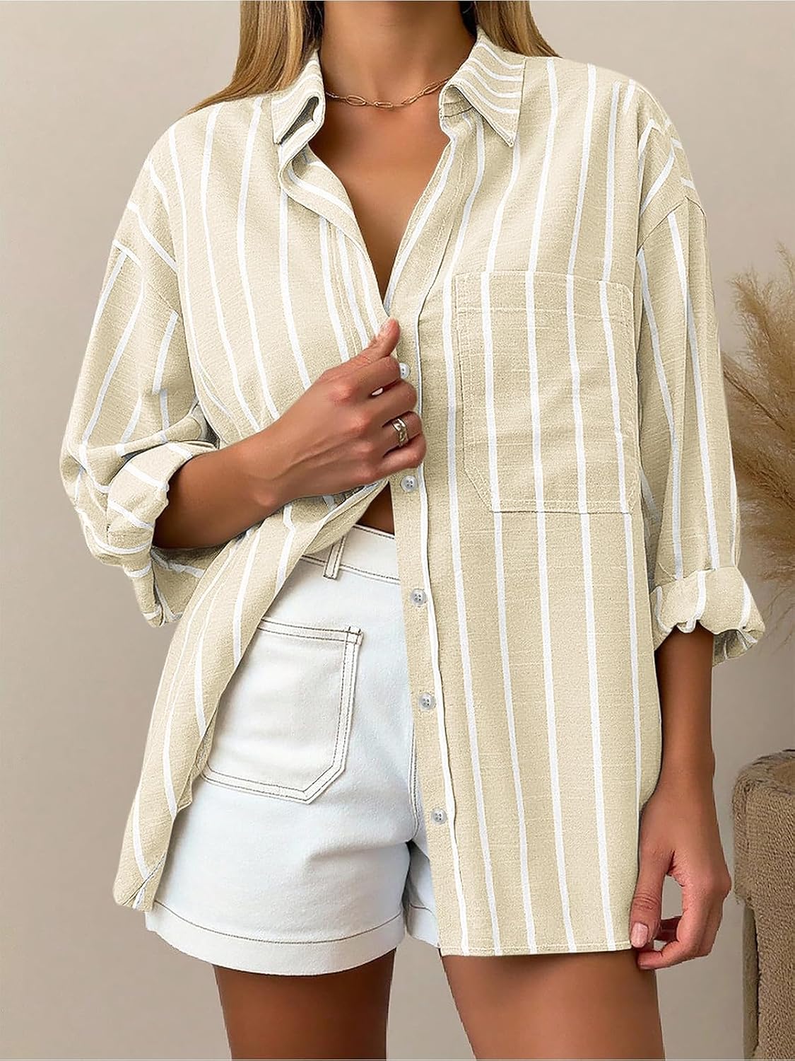 Oversized Button Down Shirts for Women Cotton Oxford Shirt Long Sleeve Collared Blouse with Pocket Beach Vacation Outfit