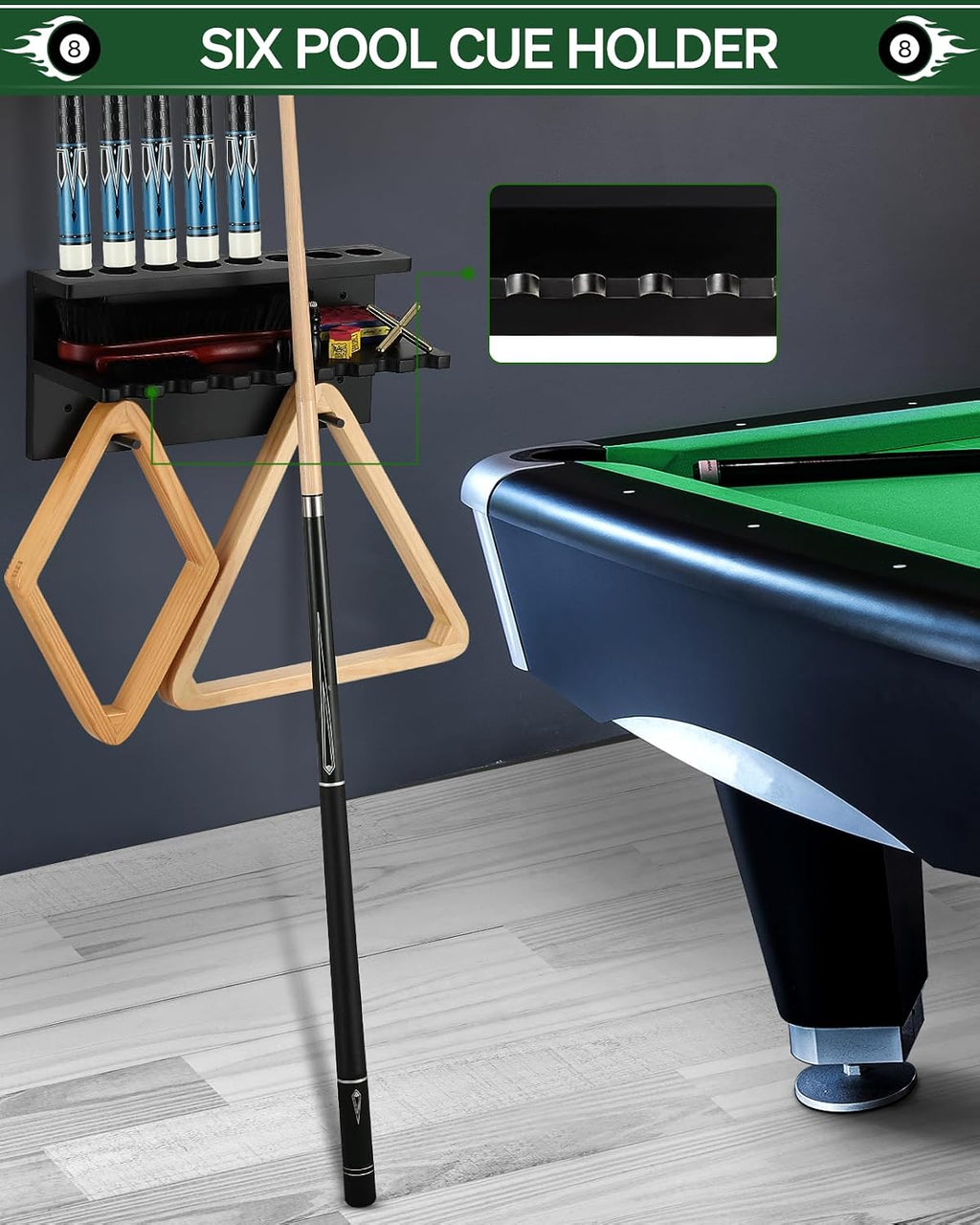 Wall Mount Pool Stick Holder - Billiards Pool Cue Rack, 8-Cue Black | Hardwood Pool Cue Set Holder for Sticks