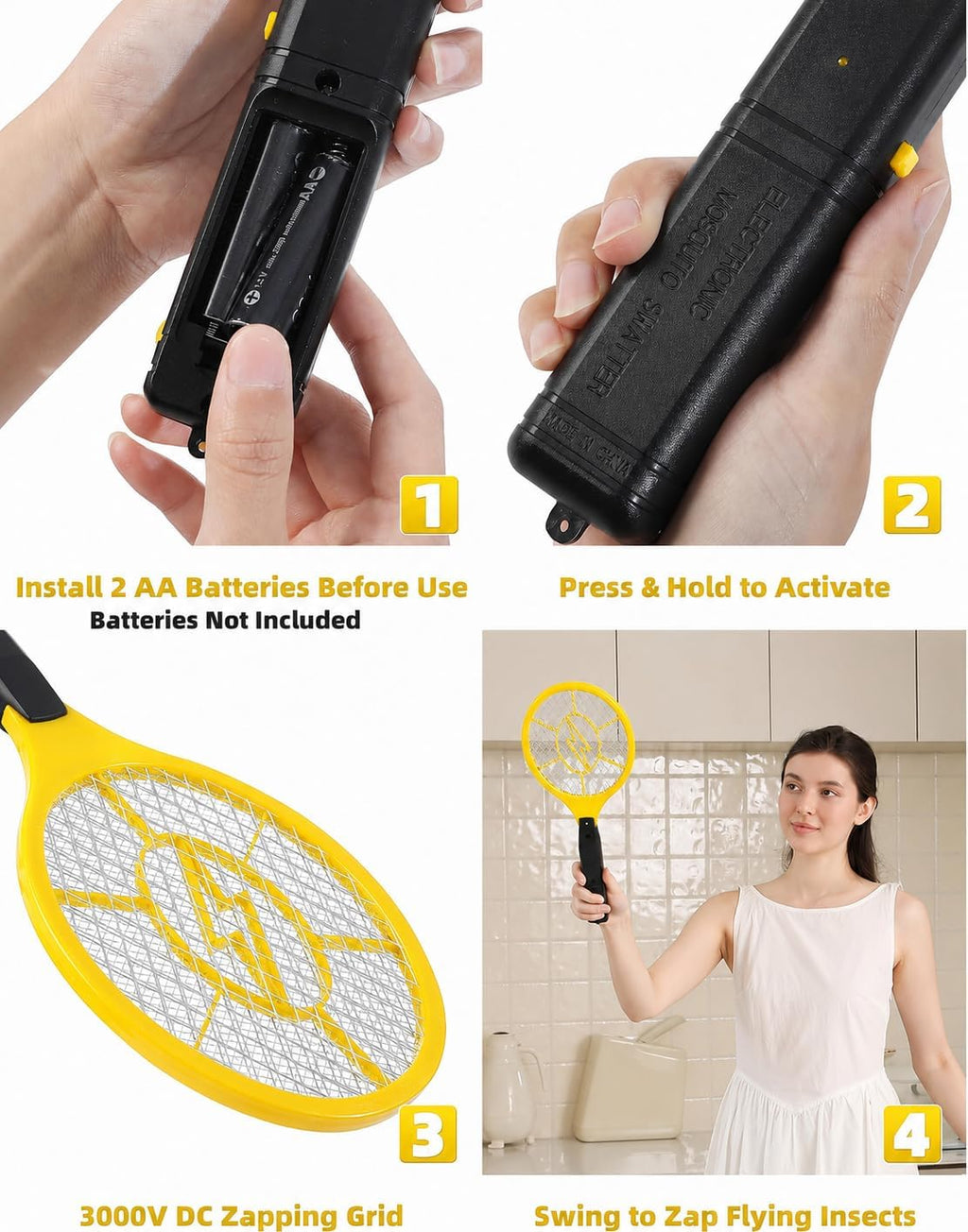 Electric Fly Swatter 2 Pack, Lightweight Battery Powered Bug Zapper Racket | 3000V fly swatter with 3-layer