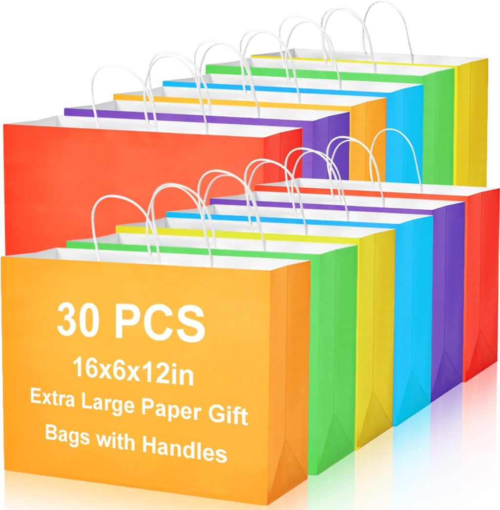 30 Pack 16 x 12 x 6 Inch Large Multicolor Paper Bags with Handles