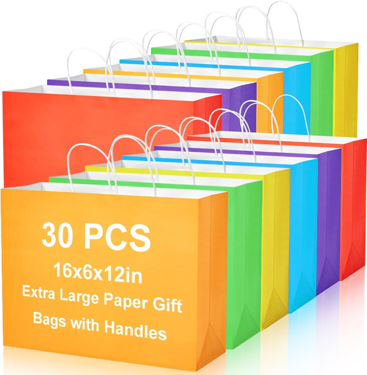 30 Pack 16 x 12 x 6 Inch Large Multicolor Paper Bags with Handles