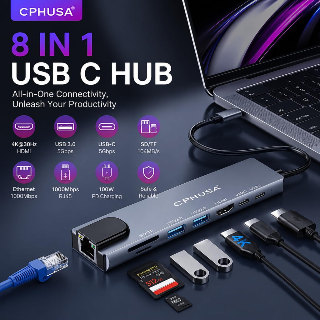 8-in-1 USB C Docking Station, Type C Hub with 4K HDMI Output, Ethernet RJ45, 100W Power Delivery, SD/TF Card Slots &