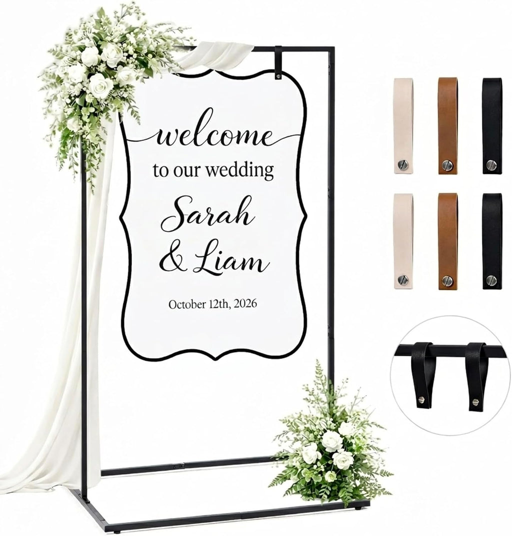 Wedding Welcome Sign Stand, 50" Standard Height - Black Metal Sign Holder with 6 Leather Straps, Easel Stand for