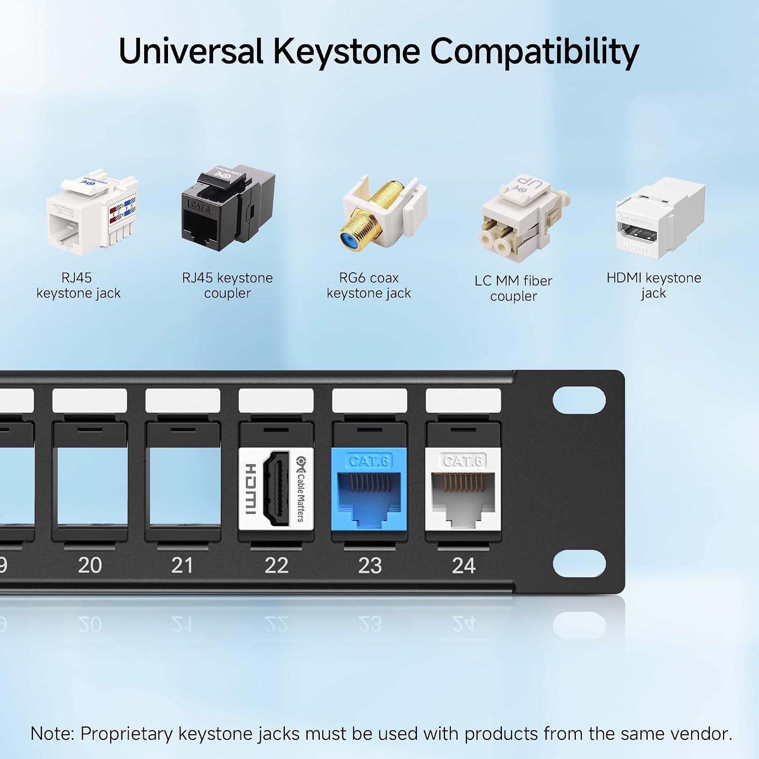 1U 24 Port Keystone Patch Panel with Cable Management | With Support Bar, Rackmount or Wall Mount, 19-Inch Black