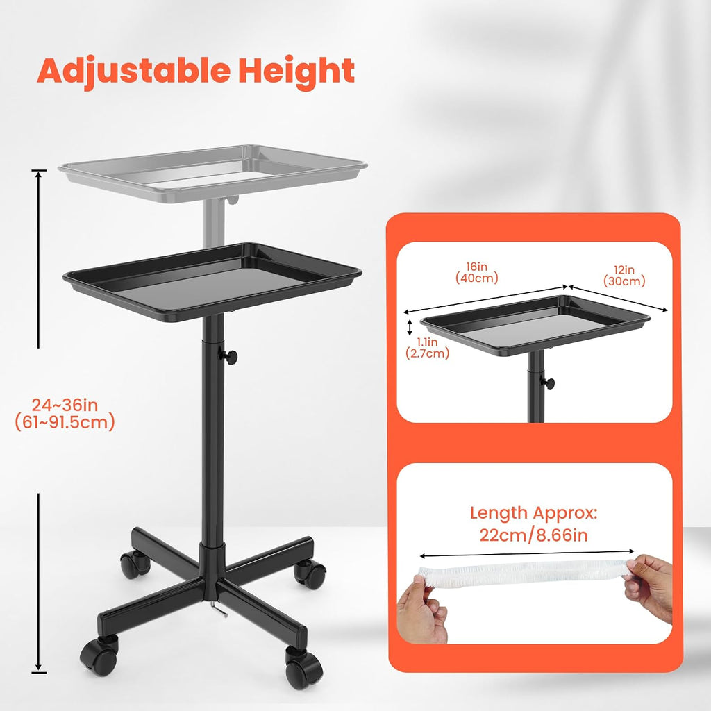 Rolling Salon Tray, Mobile Styling Station with Wheels Aluminum Rolling Tray Trolley for Salon Essentials, Adjustable