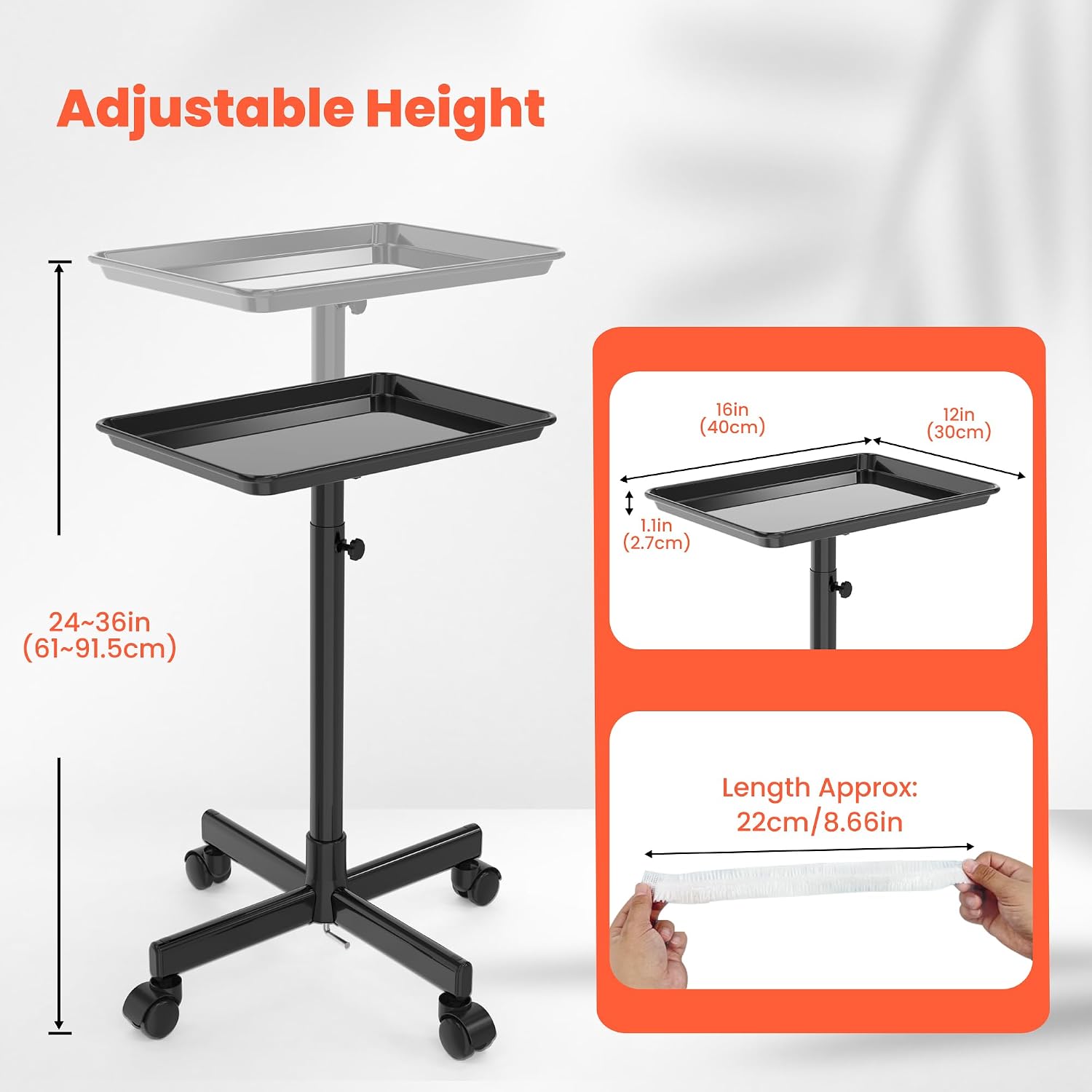 Rolling Salon Tray, Mobile Styling Station with Wheels Aluminum Rolling Tray Trolley for Salon Essentials, Adjustable