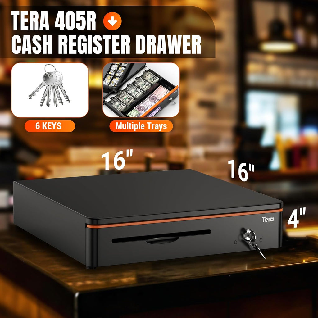 Cash Register Drawer 16 inch: 5 Bill 8 Coin Media Slot for POS, 405R | RJ-12, Metal Case Auto & Manual Open