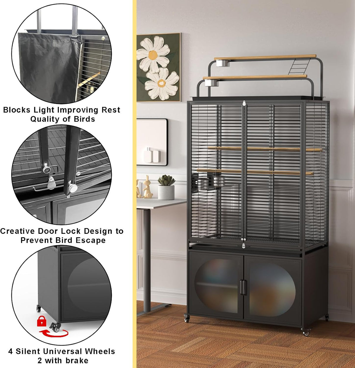 72-Inch Parrot Bird Cage with Play Top and Storage Cabinet
