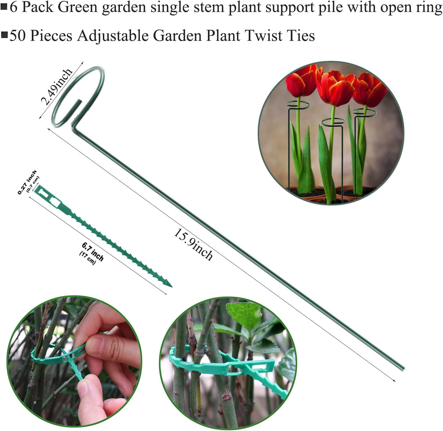 Plant Stake Support - 6 Pack, Garden Single Stem Support Stake Plant Cage Support Rings, Single Stem Plant Support