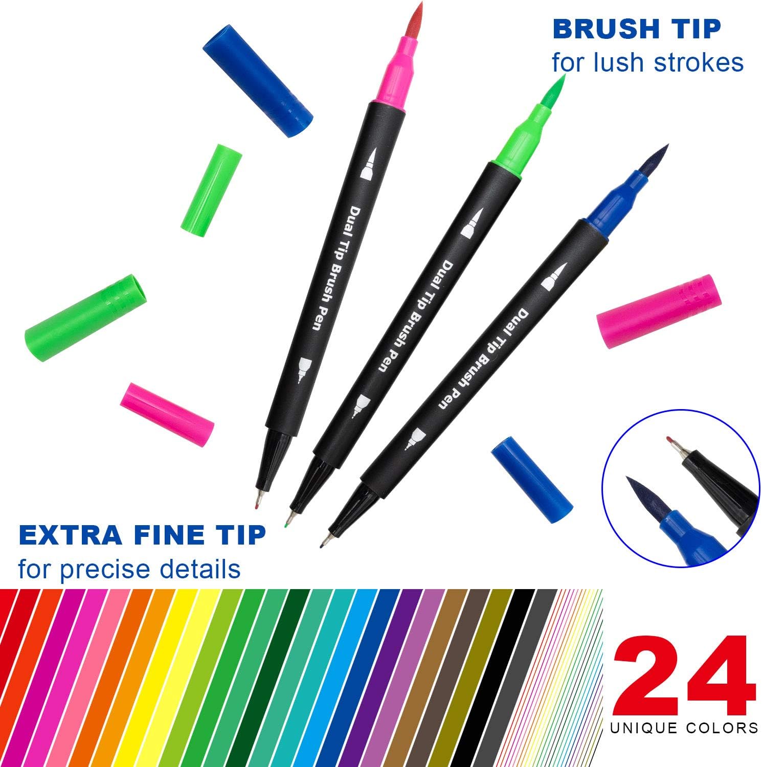 Dual Brush Marker Pens,24 Colored Markers,Fine Point and Brush Tip for Adult Coloring Books Bullet Journals