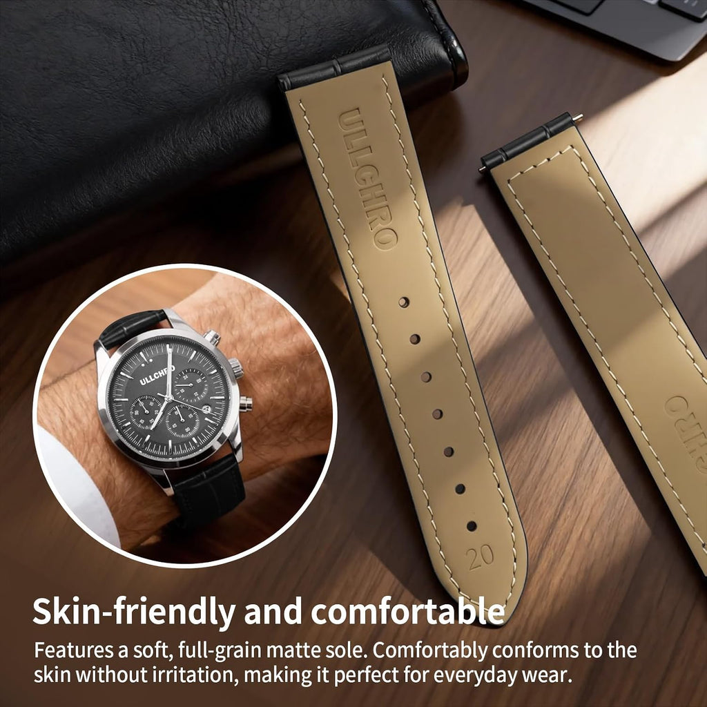 Genuine Leather Watch Strap Deployment Clasp, 22mm Leather Watch Band for Men Women, Soft Ultrathin Classic