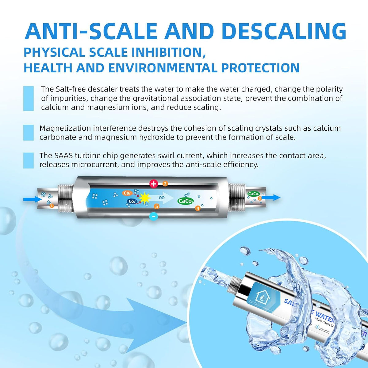 Salt-Free Water Descaler Whole House, Scale Water Softener System, ¾-Inch NPT Water Heater Descaler, Prevent Scale