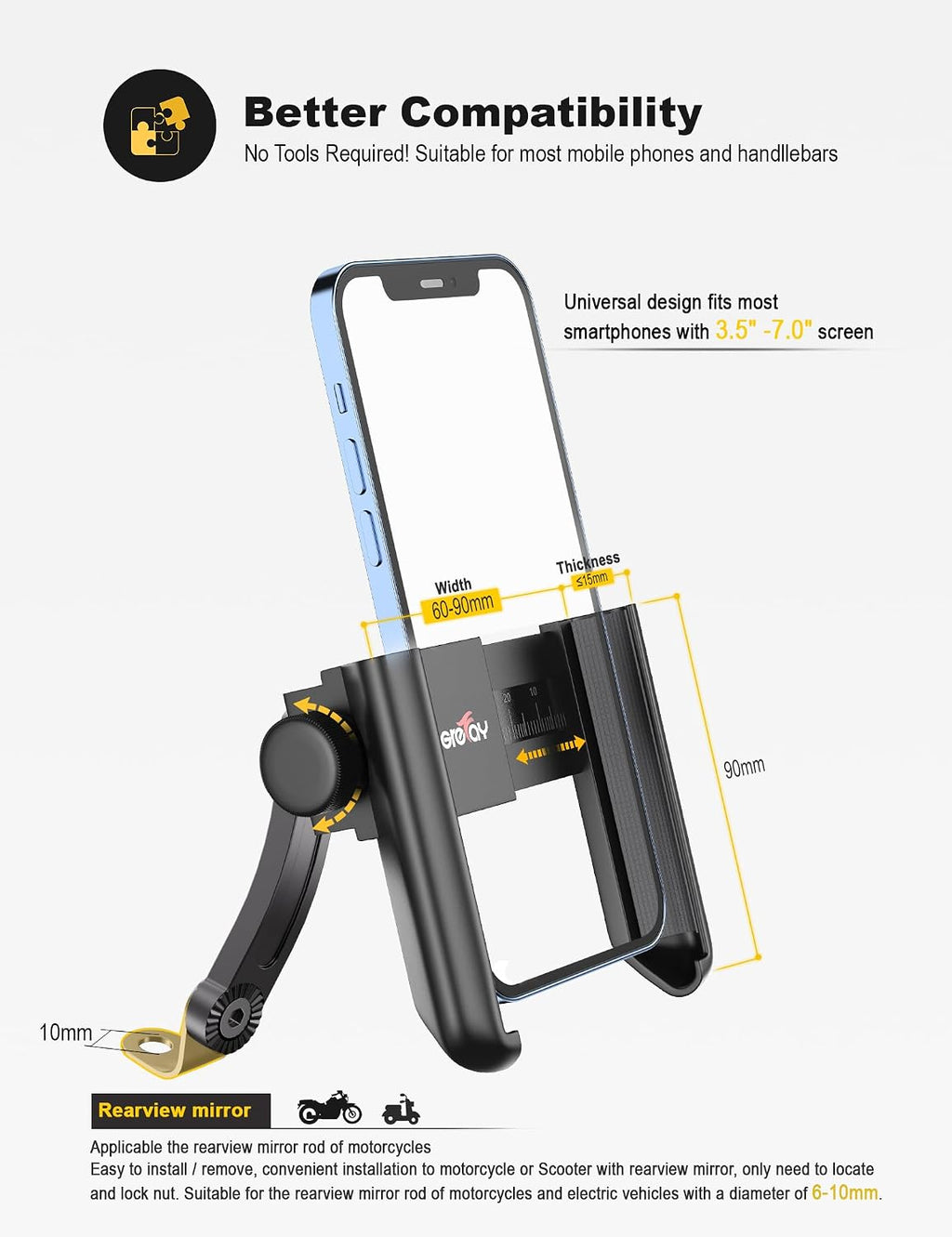 Motorcycle Phone Mount, 1S Quick Release Anti Shake Motorbike Phone Holder for 3.5-7.0 Inch Smartphone for Motorcycle
