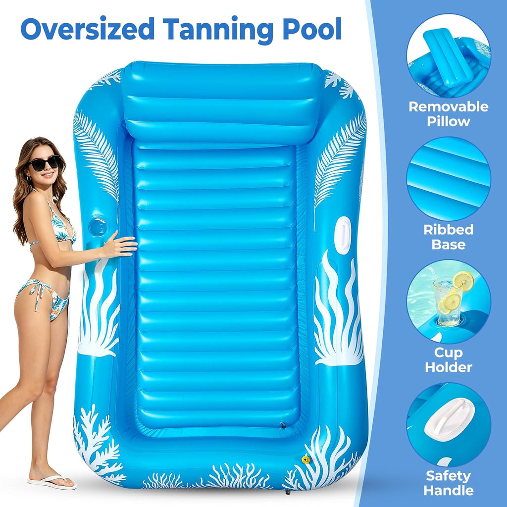 Inflatable Tanning Pool Lounger Float with Sprinkler-6 in 1 Suntan Tub Raft Floatie with Drink Holder Sunbathing