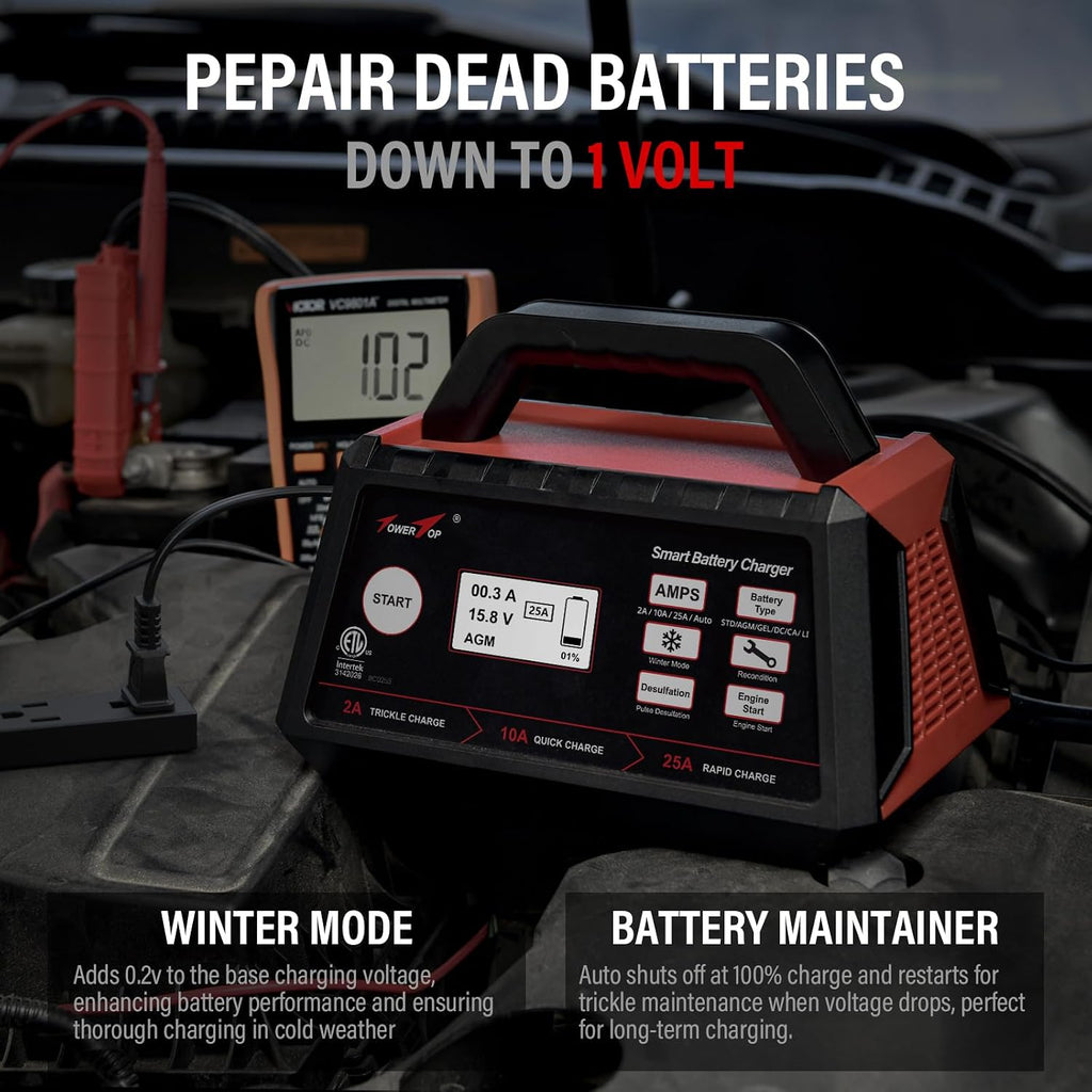 2/10/25 Amp 12V Smart Car Battery Charger, Fully Automatic Battery Maintainer with Engine Start, Auto Desulfator