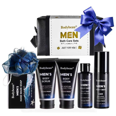 Men's Bath and Body Spa Set, 7-Piece Kit with 3-in-1 Shower Wash, Body Scrub, Body Mist, 2-in-1 Handmade Soap and