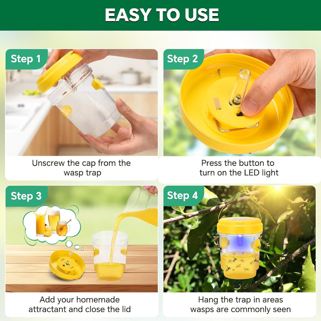 Wasp Trap, Solar Wasp Traps Outdoor Hanging, Reusable Yellow Jacket Hornet Trap with LED Light for Outside Garden