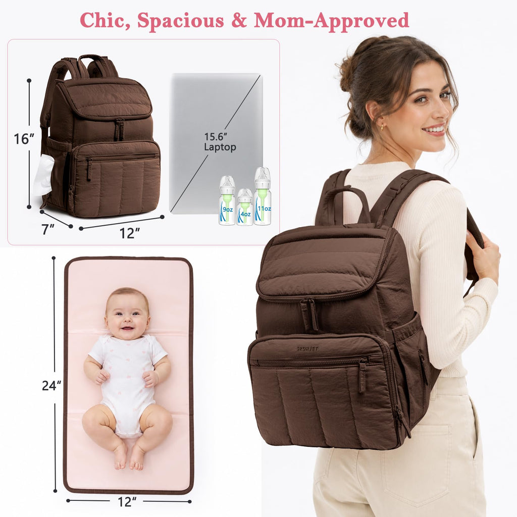 Puffy Diaper Bag Backpack for Mom, Large Quilted Baby Backpack